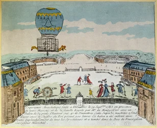 Esperimento a Versailles dei fratelli Montgolfier con il volo in una mongolfiera di un gallo, un