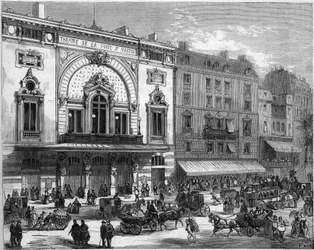 Vista esterna del teatro Porte Saint Martin a Parigi, ricostruito nel 1873. Incisione in "Le Monde Illustré" n.856 del 6 settembre 1873