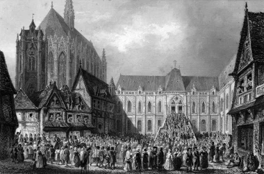 Vista esterna del tribunale. In "Notre Dame de Paris" di Victor Hugo, incisione del 1844