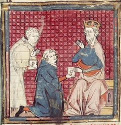 F.117r Messaggeri che raccontano a Carlo Magno della vittoria sui Saraceni, dalle Grandes Chroniques de France, 1375-79