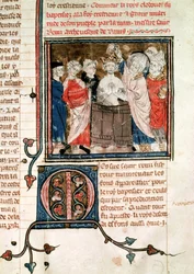 F.11r San Remigio (c.438-533) Vescovo di Reims, che battezza e unge Clodoveo I (465-511) Re dei Franchi, dalle Grandes Chroniques de France, 1375-79
