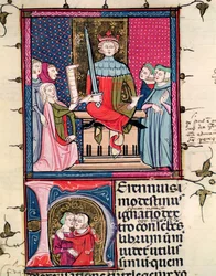 F.39r Legge coniugale, una moglie adultera che appare in tribunale, da Justiniani in Fortiatum