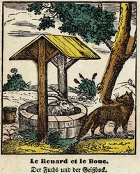 Favole di La Fontaine: la volpe e il buon. Immagine di Epinal, prima metà del XIX secolo