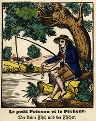 Favole di La Fontaine: il pesciolino e il pescatore. Immagine di Epinal, prima metà del XIX secolo