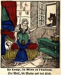 Favole di La Fontaine: il lupo, la madre e il bambino. Immagine di Epinal, prima metà del XIX secolo