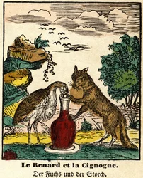 Favole di La Fontaine: la volpe e la cicogna. Immagine di Epinal, prima metà del XIX secolo