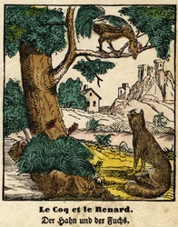 Favole di La Fontaine: il gallo e la volpe. Immagine di Epinal, prima metà del XIX secolo