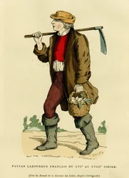 Abito da contadino dal XVII al XVIII secolo. Incisione a colori da un disegno di Chevignard, in "France et les français à travers les siècles" di Augustin Challamel, editore F. Roy, Parigi 1882. Collezione Selva.