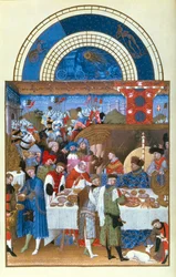 Facsimile di gennaio: scena di banchetto dei fratelli Limbourg, dal Très Riches Heures du Duc de Berry