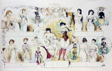 Tavola di moda per La Vie Parisienne raffigurante corsetti, c.1870