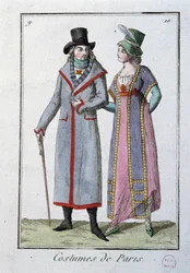 Moda sotto il Direttorio: una coppia di eleganti parigini. Litografia anonima del 1795. Parigi, museo del costume