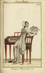 Donna alla moda che suona un clavicembalo