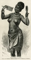 Donna Okanda si fa la toilette, disegno di D.Maillard, per illustrare la storia di un viaggio in Gabon e sul fiume Ogoue, nel 1875-1877, di Alfred Marche. Incisione in Le tour du monde