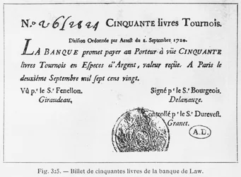 Banconota francese da cinquanta sterline della Banca di Law, datata 2 settembre 1720