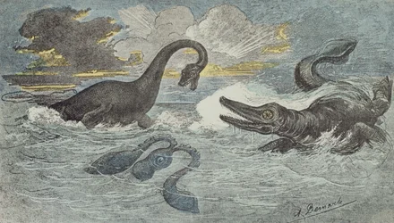 Combattimento tra un Plesiosauro e un Ichthiosauro nel periodo Liassico o Giurassico (208 a 146 milioni di anni fa), 1880