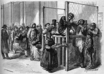 Coda a uno sportello di rue du Mont-Thabor a Parigi per sottoscrivere il prestito nazionale di trecentoquindici milioni lanciato dal governo francese nel 1864. Incisione in «Le Monde illustré», n. 355 del 30 gennaio 1864.