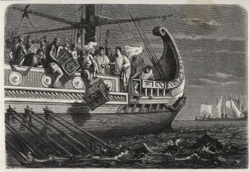 Prima guerra punica - Publio Claudio Appio Pulcro (morto intorno al 240 a.C.) prima della battaglia di Drepanum (249 a.C.) getta i polli sacri in mare