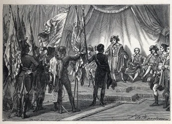 Prima coalizione: Joachim Murat (1767-1815) presenta al Direttorio Esecutivo le bandiere conquistate dall