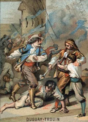 Prima impresa di René Duguay Trouin (1673-1736), marinaio francese: Duguay - Trouin combattente Wassenaer (1695). Cromolitografia della Serie "Patriotic Education through Image"