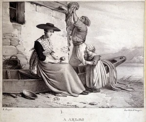 Pescatore, sua moglie in costume regionale e il loro bambino ad Arles