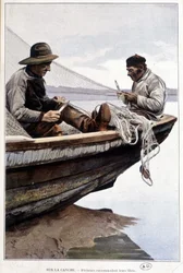 Pescatori che remano con le reti a bordo, ca. 1895