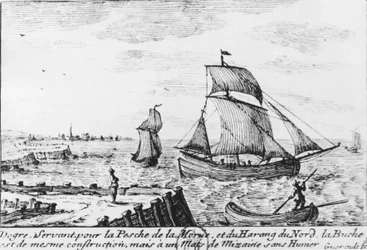 Barca da pesca per merluzzo e aringa del nord - incisione, n.d