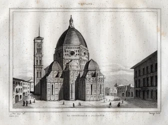 Cattedrale di Firenze - Veduta della Cattedrale di Firenze (Duomo Santa Maria del Fiore). La cupola fu realizzata da Filippo Brunelleschi intorno al 1420-1436, Firenze, Italia - Incisione da 