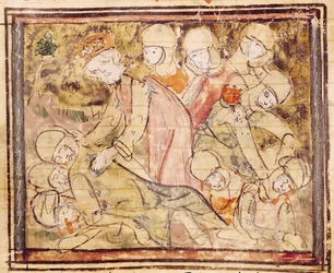 Fol.136v Come Carlo Magno (742-814) trovò Rolando morto, dalle Grandes Chroniques de France, 1375-79