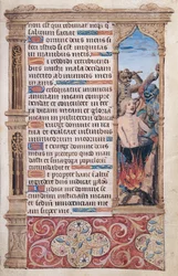 Fol.67r Pagina di testo con dettaglio di un uomo torturato da due demoni, da 