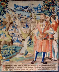Fondazione della città di Lione: Lugdus nipote di Galathes, fondatore della Gallia, con compagni, dietro di lui, la città di Lione alla confluenza del Rodano e della Saona, le montagne delle Alpi in lontananza. Arazzo di "La storia favolosa dei Ga