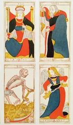 Quattro carte dei tarocchi raffiguranti la Giustizia, la Temperanza, la Morte e l