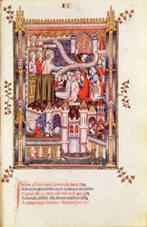 San Denis che predica ai parigini che rompono i loro idoli pagani, da Vie de St. Denis, 1317