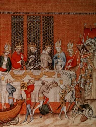 Fr 2813 f.473 Scena di banchetto, dalle Grandes Chroniques de France, 1375-79