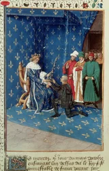 Fr 6465 f.434v Carlo V (1338-80) che nomina cavaliere il convertito Bertrand Duguesclin, ottobre 1390