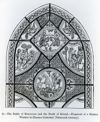 Frammento di una vetrata nella Cattedrale di Chartres, raffigurante la Battaglia di Ronceveaux e la Morte di Rolando, illustrazione da Scienza e Letteratura nel Medioevo e Rinascimento
