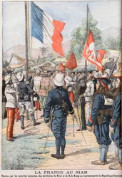 La Francia prende il controllo dei territori di Krat e Koh-Kong, Siam dopo il Trattato del 1904 concordato tra i siamesi e i francesi, illustrazione da 