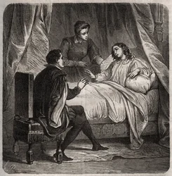 Francoise de Foix, Contessa di Chateaubriant (ca. 1495-1537), malata, riceve Clement des Marets detto Marot (1496-1544), il valletto di Francesco I, a letto. Incisione del 1871 in "Histoire Des Cocuses Celebres" di Henry de Kock