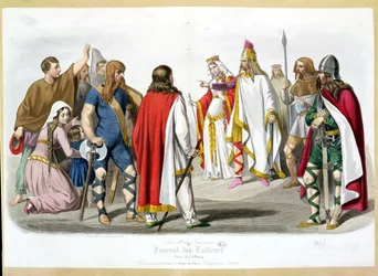 Costumi franchi e merovingi, tavola di moda storica da Les Modes Francaises - Journal des Tailleurs, 1836