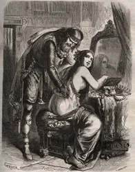 Fredegonda (545-597) prende il marito, re dei Franchi Chilperico I (543-597), per il suo amante, Landerico. Il re scopre che sua moglie lo tradisce. Incisione del 1871 in "Histoire Des Cocus Célèbres" di Henry de Kock (1819-1892).