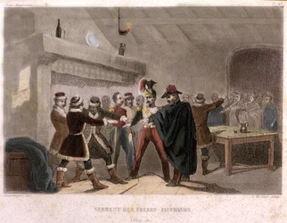 Massoneria: il giuramento dei fratelli mietitori a Potok nel 1821. Incisione da “Histoire pittoresque de la Franc-Maçonnerie et des Sociétés secrètes, anciennes et modernes” di F.-T. B. Clavel. Pagnerre, editore. 1843.