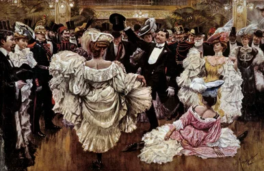 Danzatrici di cancan francese durante uno spettacolo in un cabaret, inizio del XX secolo