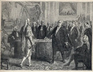 Rivoluzione Francese - Assemblea Generale del 23/06/1789: Honoré Gabriel Riqueti, Conte di Mirabeau (1749-1791) apostrofa Henri Evrard, Marchese di Dreux-Brézé (1762-1829). Incisione del 1889. Collezione privata