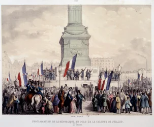 Rivoluzione francese del 1848: proclamazione della Seconda Repubblica ai piedi della colonna di luglio in Place de la Bastille il 25/02/1848. Litografia del XIX secolo. Parigi, Musee Carnavalet