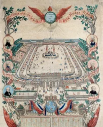 Rivoluzione francese: veduta della Festa della Federazione nazionale del 14/07/1790 al Campo di Marte. Incisione del 1790. Parigi, Archivi nazionali