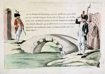 Dogane francesi e lussemburghesi che si salutano amichevolmente (questione dei confini durante la rivoluzione), fine XVIII secolo