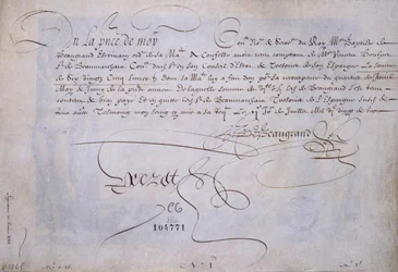 Calligrafia francese: Ricevuta a favore di Bernard de Beaugrand rilasciata il 2 luglio 1623. Biblioteca storica della città di Parigi.