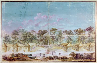 Insediamento di coloni francesi sulla spiaggia di Kourou, Guyana nel 1763