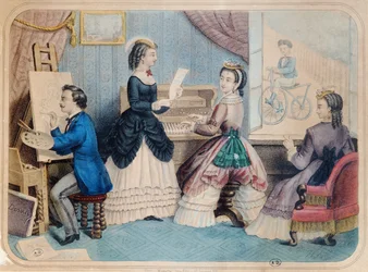 Tavola di moda francese che raffigura attività artistiche, 1867