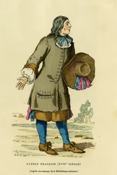 Costume contadino francese nel XVIII secolo. Incisione a colori da una stampa della biblioteca nazionale, in 