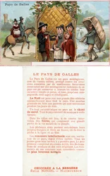 Fronte e retro di una carta promozionale per la bevanda Chicorée à la Bergère con raffigurazioni della vita in Galles, c.1890